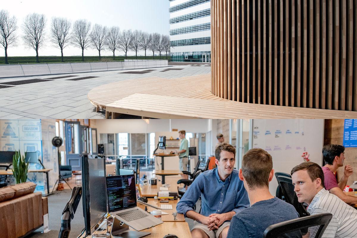 Young employees and a modern office building in Amsterdam Airport City