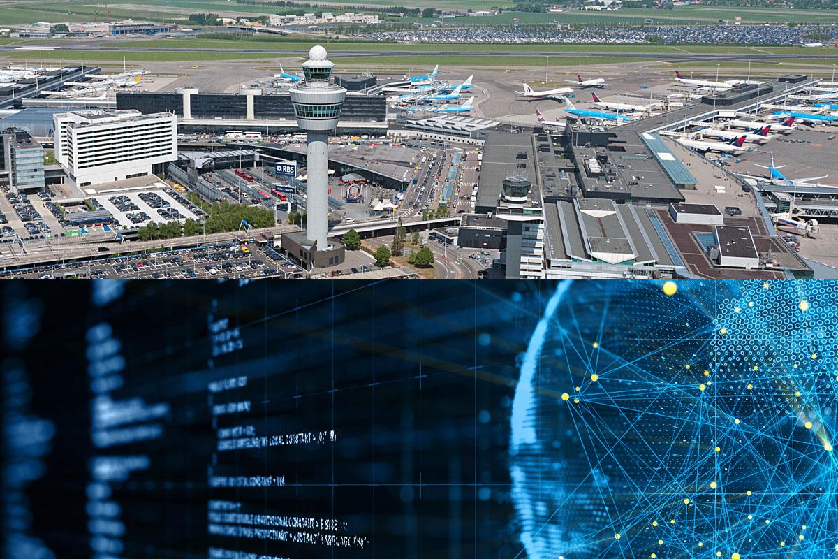 Areal overview of Schiphol Airport and digital connections throughout the world city