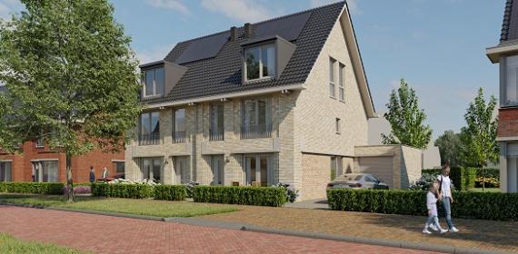 Artist impression of a house with three floors in future neighbourhood Park Quatrebas in Badhoevedorp