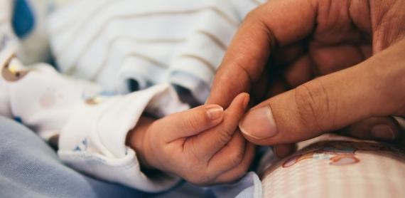 An adult hand holding the hand of a baby