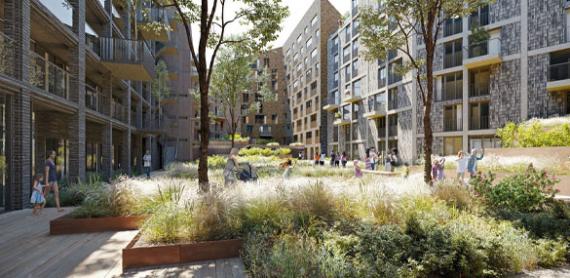 Artist impression of housing and green public space in future Hyde Park 