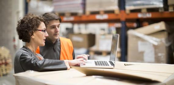 Employees working with IT-equipment in distribution center