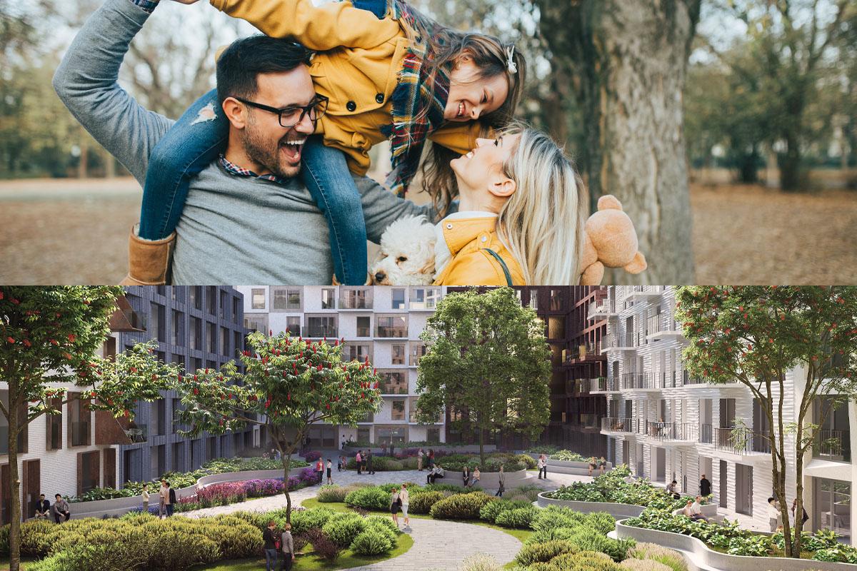 Happy family with child and artist impression of future neighbourhood Hyde Park